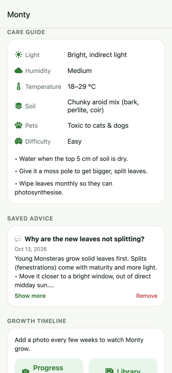 Care guide and saved AI advice for a Monstera